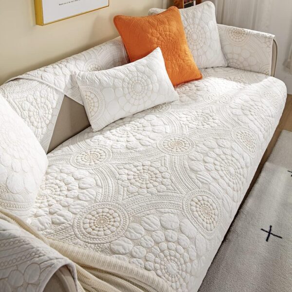 Boho Circle Embroidery Couch Sofa Cover Solid Color Cotton Quilted Non-Slip Sectional Couch Covers Sofa Slipcover for Dogs, Children, Pets Furniture Protector (White,28"x28") 4