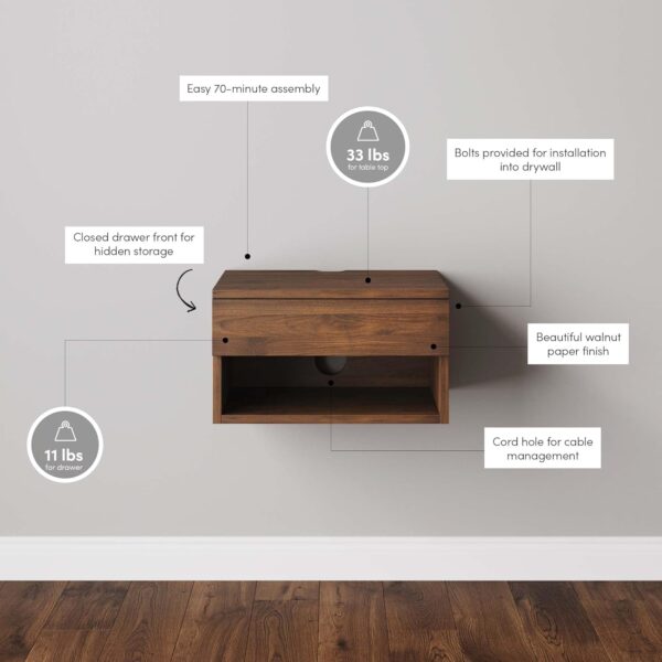 Wall Mounted Floating Bedroom Nightstand with Storage Drawer and Modern Open Shelf Cubby, Dark Brown Walnut 3