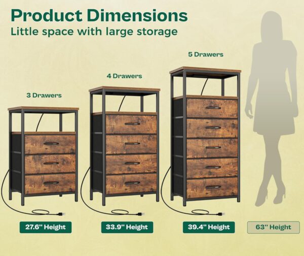 5 Drawers Dresser with Charging Station, Dresser for Bedroom, Tall Night Stand, Chest of Drawers with Open Shelf, Bedside Table Nightstand, Fabric, for Entryway, Rustic Brown 2