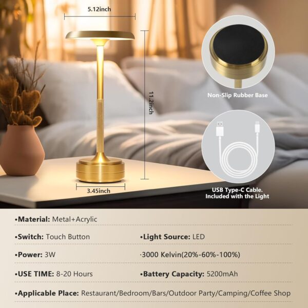 Portable Dimming Wireless Battery Operated Lamp, Rechargeable Cordless LED Table Lamps ,3-Levels Touch Sensor Light ,Nightstand Lamp/Bar/Restaurant Table/Outdoor/Coffee/Night Light (Gold) 2