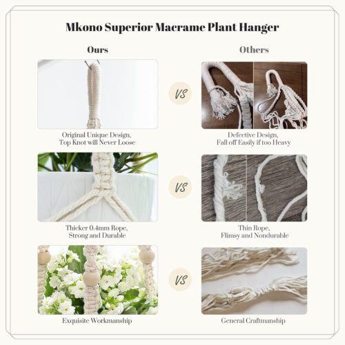 Macrame Plant Hanger Indoor Hanging Planter Basket with Wood Beads Decorative Flower Pot Holder No Tassels for Indoor Outdoor Boho Home Decor 35 Inch, Ivory, Set of 1 (POTS NOT Included)