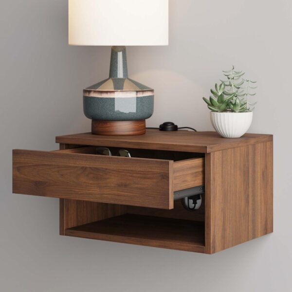 Wall Mounted Floating Bedroom Nightstand with Storage Drawer and Modern Open Shelf Cubby, Dark Brown Walnut 2