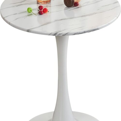 White Marble Round Dining Table, 23.6 Inches Modern Tulip Kitchen Table, Mid-Century Leisure Table with Sturdy Metal Pedestal for Small Places, Dining Room, Living Room, Cafe