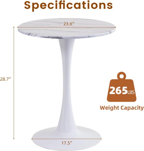 White Marble Round Dining Table, 23.6 Inches Modern Tulip Kitchen Table, Mid-Century Leisure Table with Sturdy Metal Pedestal for Small Places, Dining Room, Living Room, Cafe 2