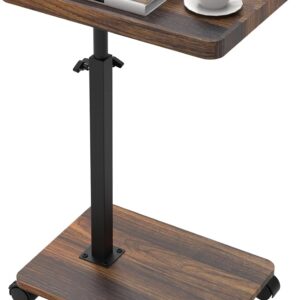 C Table End Table, Slide Under Couch Table with Wheels, 360° Swivel C Shaped Side Table for Couch, Sofa, Living Room, Small Spaces (Walnut Veneer)