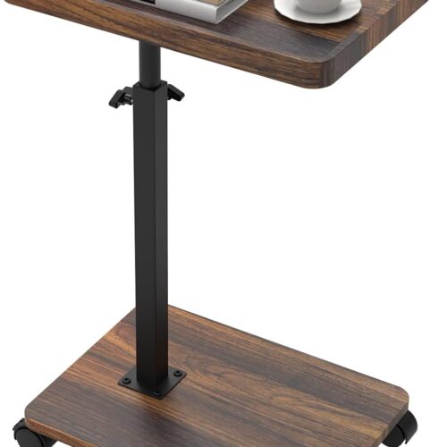 C Table End Table, Slide Under Couch Table with Wheels, 360° Swivel C Shaped Side Table for Couch, Sofa, Living Room, Small Spaces (Walnut Veneer)