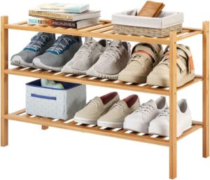 3-Tier Bamboo Shoe Rack for Entryway, Stackable | Heavy Duty | Multi-Function, Free Standing Shoe Racks for Bedroom Hallway Closet