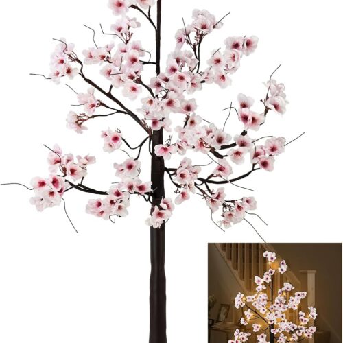 4FT Cherry Blossom Tree, 48 Fairy Lights Artificial Lighted Tree for Home Inside Outdoor Spring Wedding Party Festival Decor, Warm White