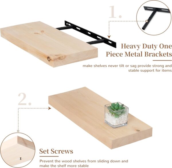 Natural Wood Floating Shelves, Small Floating Shelves for Wall 16 Inch Set of 2, Solid Wood Floating Shelves Unfinished, Raw Wood Shelves for Bathroom Living Room Kitchen Bedroom - Unfinished 5