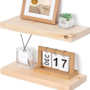 Natural Wood Floating Shelves, Small Floating Shelves for Wall 16 Inch Set of 2, Solid Wood Floating Shelves Unfinished, Raw Wood Shelves for Bathroom Living Room Kitchen Bedroom - Unfinished