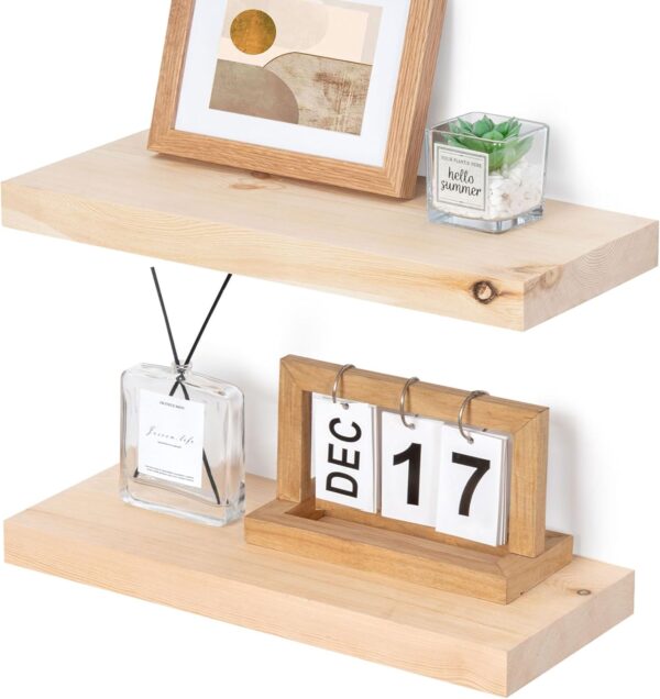 Natural Wood Floating Shelves, Small Floating Shelves for Wall 16 Inch Set of 2, Solid Wood Floating Shelves Unfinished, Raw Wood Shelves for Bathroom Living Room Kitchen Bedroom - Unfinished 1
