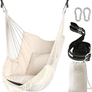 Hammock Chair Hanging Swing 2 Pillows Included,Strong Webbing Straps and Hooks for Easy Hanging Soft Cotton Hanging Chair Side Pocket Tassel Chair Comfort Indoor Outdoor