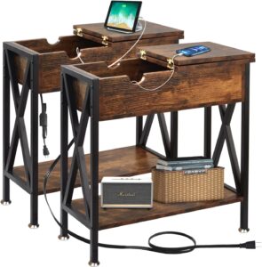 End Tables Living Room Set of 2, Narrow Side Table with Charging Station, 11.2"D x 24"W x 24"H, Flip Top End Table with USB Ports and Outlets, Couch End Tables Set of 2, Steel X-Shaped Frame