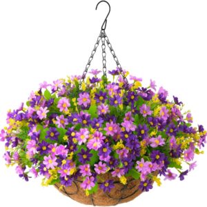 Artificial Hanging Flowers in Basket Outdoor Decoration,Fake Daisy Plants Arrangement,12inch Coconut Lining Pot,Outdoor Indoor Patio Lawn Garden Porch Summer Decor (Dark Purple)