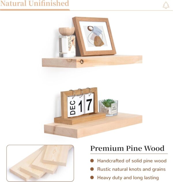Natural Wood Floating Shelves, Small Floating Shelves for Wall 16 Inch Set of 2, Solid Wood Floating Shelves Unfinished, Raw Wood Shelves for Bathroom Living Room Kitchen Bedroom - Unfinished 4