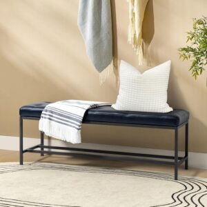 Faux Leather Ottoman Bench with Storage Shelf & Metal Legs, Modern Upholstered Bedroom Bench for End of Bed, Button-Tufted Dining Bench Footstool for Entryway Living Room, Navy