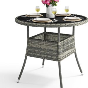 31.5" Patio Table for 4-Person, Outdoor Patio Wicker Round Dining Table, All-Weather Rattan Bistro Dining Table w/Glass Tabletop for Backyard Deck Porch Poolside, Gray