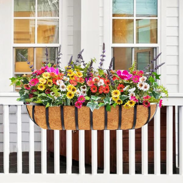 4pcs 30" Window Box Deck Railing Planter with Coco Liner, Metal Hanging Flower Planter Window Basket, Wall Planters Boxes with Horse Trough Coco Liner for Outdoor Indoor Balcony Porch Fence 3