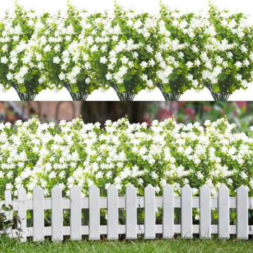 20 Bundles Artificial Flowers UV Resistant Fake Flowers No Fade Faux Plants Garden Porch Window Box Decorating (White)
