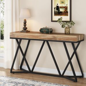 55 Inches Console Table, Farmhouse Sofa Table Wood Entryway Table with Unique Metal Base, Behind The Couch Table Foyer Table, Industrial Accent Table for Hallway, Living Room, Entrance