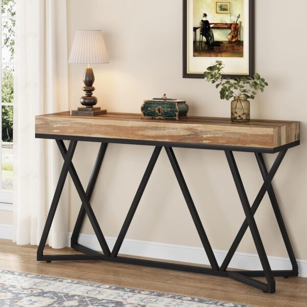 55 Inches Console Table, Farmhouse Sofa Table Wood Entryway Table with Unique Metal Base, Behind The Couch Table Foyer Table, Industrial Accent Table for Hallway, Living Room, Entrance 1