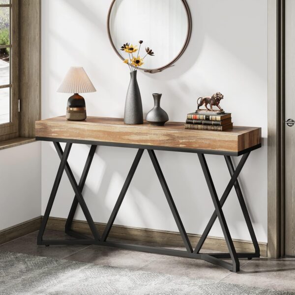 55 Inches Console Table, Farmhouse Sofa Table Wood Entryway Table with Unique Metal Base, Behind The Couch Table Foyer Table, Industrial Accent Table for Hallway, Living Room, Entrance 4