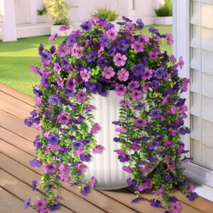 Artificial Hanging Flowers for Outdoors, 2 Pcs Fake Hanging Plant Spring Summer Decor, UV Resistant No Fade Faux Flower for Front Door Porch Planter Patio Yard Garden(Double Purple)