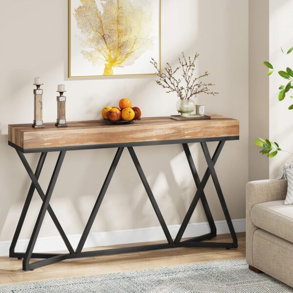 55 Inches Console Table, Farmhouse Sofa Table Wood Entryway Table with Unique Metal Base, Behind The Couch Table Foyer Table, Industrial Accent Table for Hallway, Living Room, Entrance 3