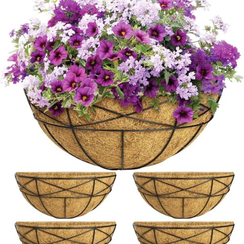 4 Pack 14 Inch Window Boxes Planters Railing Planter Box with Coco Liners Deck Railing Planter Boxes Balcony Hanging Flower Box Wall Mounted Half Round for Outdoor Plants Garden Decor