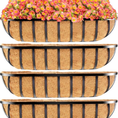 4pcs 30" Window Box Deck Railing Planter with Coco Liner, Metal Hanging Flower Planter Window Basket, Wall Planters Boxes with Horse Trough Coco Liner for Outdoor Indoor Balcony Porch Fence