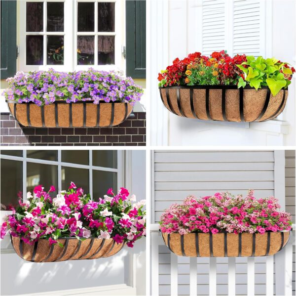 4pcs 30" Window Box Deck Railing Planter with Coco Liner, Metal Hanging Flower Planter Window Basket, Wall Planters Boxes with Horse Trough Coco Liner for Outdoor Indoor Balcony Porch Fence 5