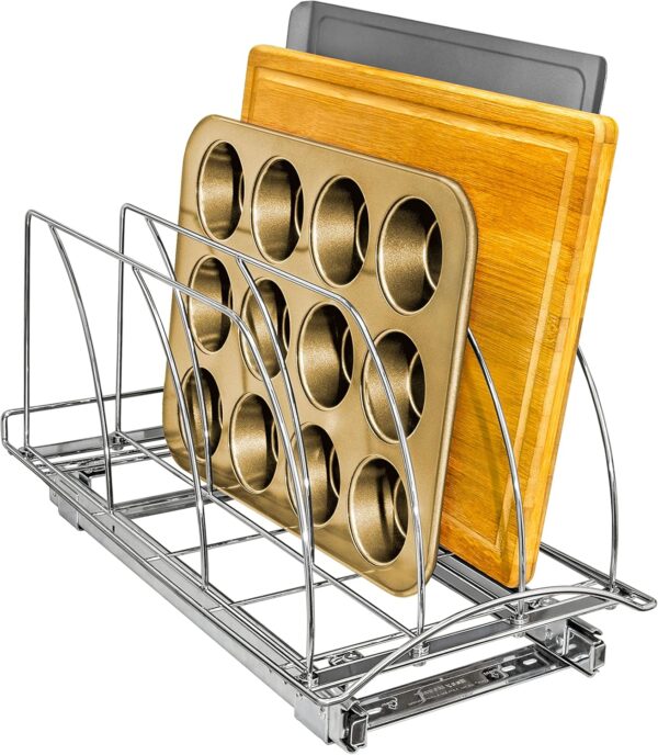 Pull Out Cutting Board, Cookie Sheet, and Baking Pan Organizer Rack - Lifetime Ltd. Warranty - Slide Out Kitchen Cabinet Storage Organizers – 10” x 21” Deep - Pullout Shelf, Chrome 1