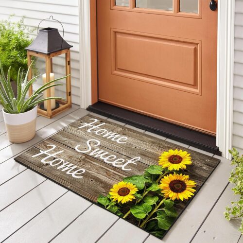Sunflower Welcome Doormat Summer Door Mat, 17 X 29 Inch Wood Background Flower Spring Summer Decorative Home Sweet Home Entrance Mat Non-Slip Backing Floor Mat for Kitchen Bathroom