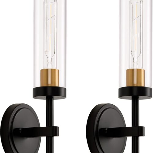 1 Black and Gold Hardwired Wall Sconces Set of 2, Modern Bathroom Vanity Sconces Wall Lighting with Clear Glass Shade, Farmhouse Wall Mount Lights for Mirror Bedroom Living Room Hallway Kitchen
