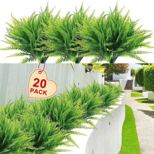 1 Artificial Boston Fake Fern Plants Bushes 20Packs Faux Plants Shrubs Greenery UV Resistant for Garden House Office Indoor Outdoor Décor