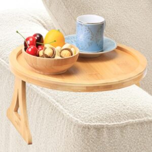 Bamboo Couch Arm Tray, Round Sofa Arm Tray Table Clip on Side Table for Wide Couch, Foldable Sofa Armrest Trays for Drink/Cups/Phone/Snacks/Remote