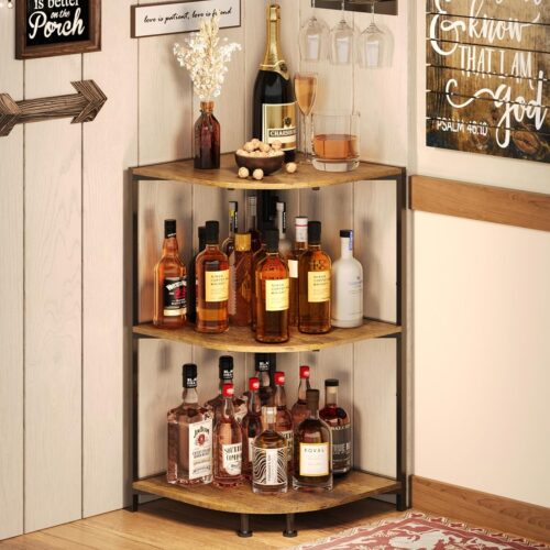 1 Corner Bar Shelf with 16.34" Countertop, 3 Tier Liquor Stand for Home Bar, Rustic Wood Bar Station with Adjustable Feet for Whiskey, Wine, Visual Liquor Bottle Display Shelf