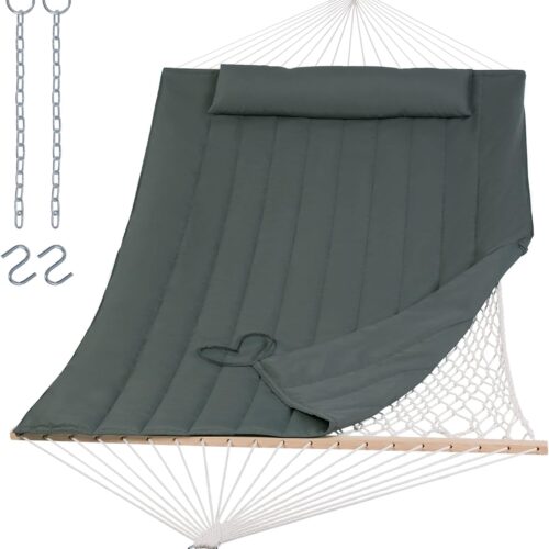 1 Portable Double Rope Hammock with Pad, Two Person Tree Hammock for Garden, Backyard, Patio, Poolside, Gray Green