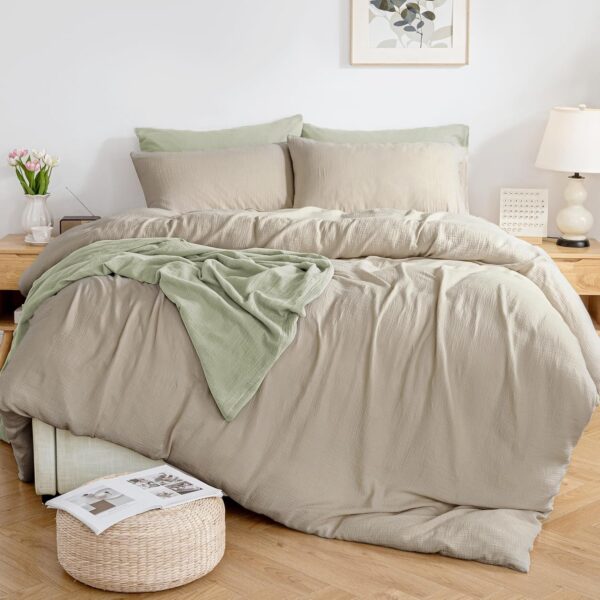 Muslin Duvet Cover Set 100% Cotton Double-Layer Linen Like Gauze Comforter Cover 3 Pieces Breathable & Lightweight for All Season 1