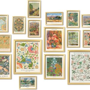 16 PCS Gold Framed Vintage Eclectic Wall Art Decor, William Morris Wall Prints for Bedroom, Gallery Wall Frame Set, Posters for Living Room Aesthetic, Collage Kit, Colorful Dorm Home Artwork