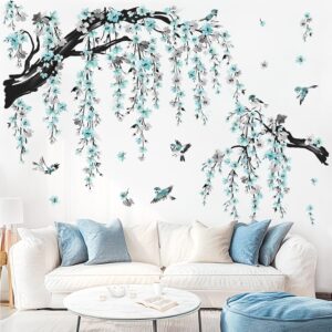 Large Watercolor Flower Branch Wall Stickers Blue Blossom Tree Branches Peel and Stick Wall Art Decals for Living Room Bedroom TV Wall