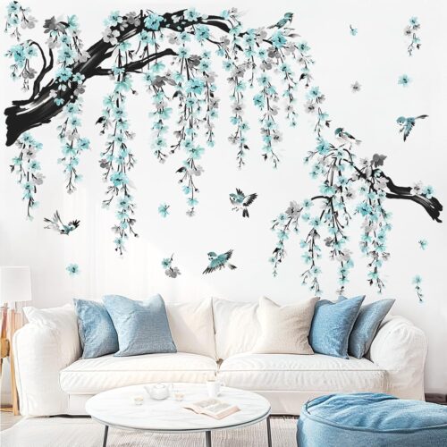 1 Large Watercolor Flower Branch Wall Stickers Blue Blossom Tree Branches Peel and Stick Wall Art Decals for Living Room Bedroom TV Wall