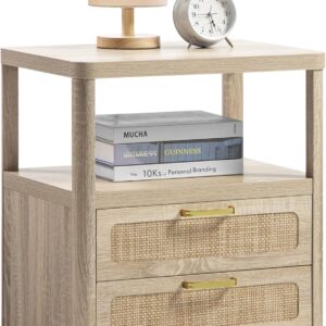 Rattan Nightstand with 2 Drawers - Boho Bedside Table, Farmhouse Night Stand with Open Storage Shelf, Wood End Table Side Tables for Bedroom, Natural