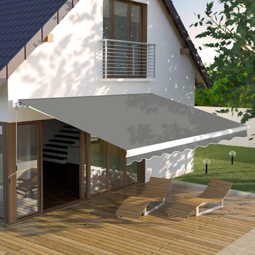 1 12' x 10' Awnings for Patio, Retractable Awning with Adjustable Canopy, Aluminum Frame, Manual Patio Awning Sun Shade Shelter for Window, Door, Deck, Garden, Gray