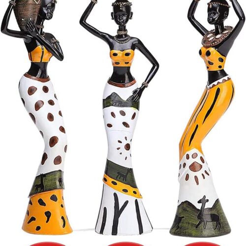 1 3 Pack African Women Sculpture, 7.5" Exotic Tribal Lady Figurine, Black Statue Home Office Decor, Vintage Collectible Art Crafts Desktop Ornaments Decorations Gift (Yellow)