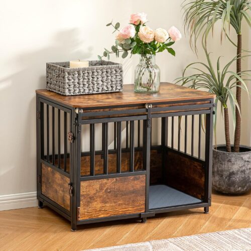 1 32 Inch Dog Crate Furniture with Cushion for Large Medium Dogs, Wooden Heavy Duty Dog Kennel with Double Doors, Decorative Pet House Dog Cage Side End Table Indoor, Sliding Door Chew-Resistant