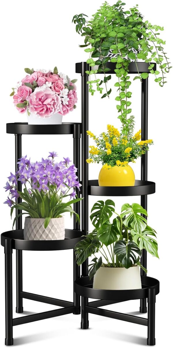 Metal Plant Stand Indoor Outdoor , 5 Tier Foldable Corner Tall Plant Shelf for Multiple Plants, Black Metal Tiered Plant Stand Sturdy and More Balanced, for Garden Patio Lawn Balcony (5 tier) 1