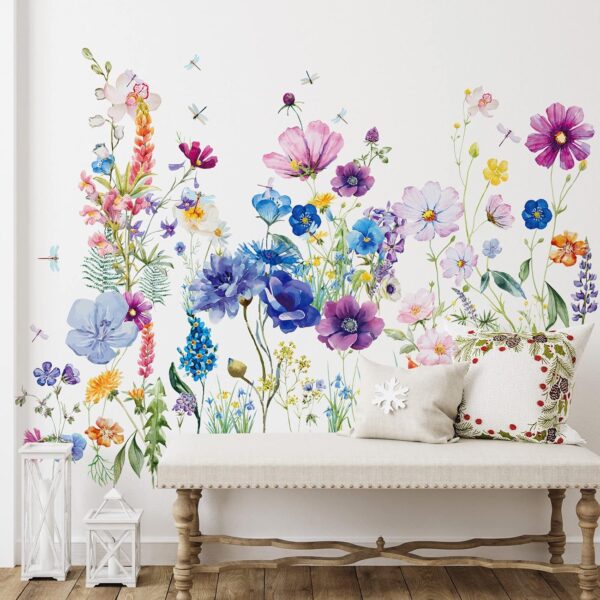 6 Pcs Flowers Wall Decals Stickers Vinyl Removable Peel and Stick Colorful Dragonflies Floral Wall Murals Decor for Bedroom Living Room Nursery(Beautiful) 1