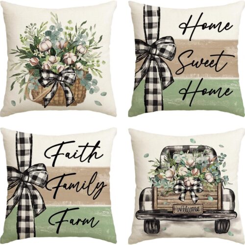 colorlife Home Sweet Home Farmhouse Eucalyptus Leaves Throw Pillow Covers, 18 x 18 Inch Truck Stripes Buffalo Plaid Cushion Case Decorations Set of 4