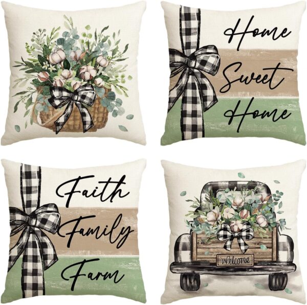 colorlife Home Sweet Home Farmhouse Eucalyptus Leaves Throw Pillow Covers, 18 x 18 Inch Truck Stripes Buffalo Plaid Cushion Case Decorations Set of 4 1